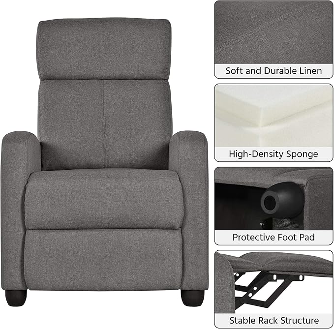 Yaheetech Fabric Recliner Chair Sofa Ergonomic Adjustable Single Sofa with Thicker Seat Cushion Modern Home Theater Seating for Living Room Matte Grey - LeafyLoom