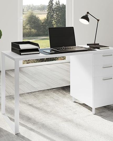 Milano Home Office Desk - 47 Inch White/White Home Office Desk with Drawers - Modern Computer Desk with Storage, Detachable & Lockable Computer Cabinet - Wooden Office, Study, and Writing Table - LeafyLoom