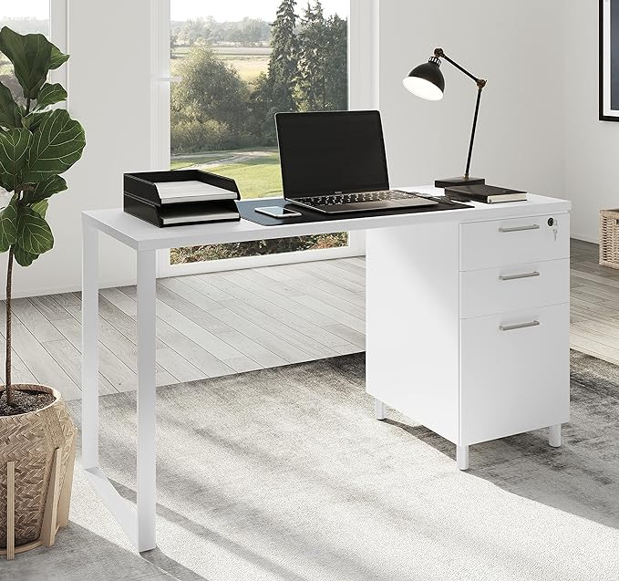 Milano Home Office Desk - 47 Inch White/White Home Office Desk with Drawers - Modern Computer Desk with Storage, Detachable & Lockable Computer Cabinet - Wooden Office, Study, and Writing Table - LeafyLoom
