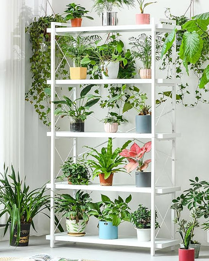 HCHQHS Bookshelf, 5-Tier Industrial Bookcase, White Open Book Shelf, Freestanding Tall Bookshelves with Metal Frame - LeafyLoom