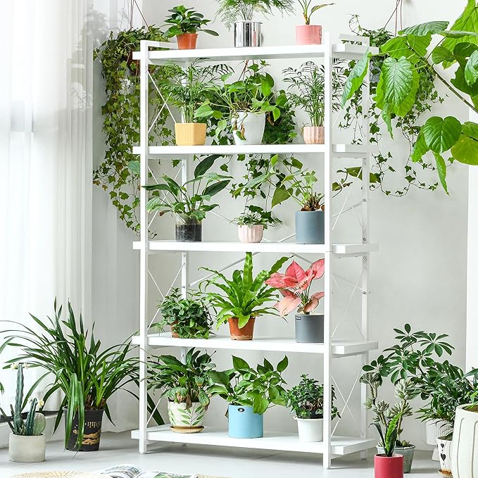 HCHQHS Bookshelf, 5-Tier Industrial Bookcase, White Open Book Shelf, Freestanding Tall Bookshelves with Metal Frame - LeafyLoom