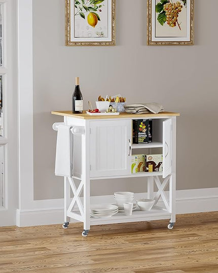Spirich Home Kitchen Island on Wheels, Rolling Cart with Storage Cabinet, Small Kitchen Island with Drop Leaf and Towel Rack for Dining Room, White - LeafyLoom