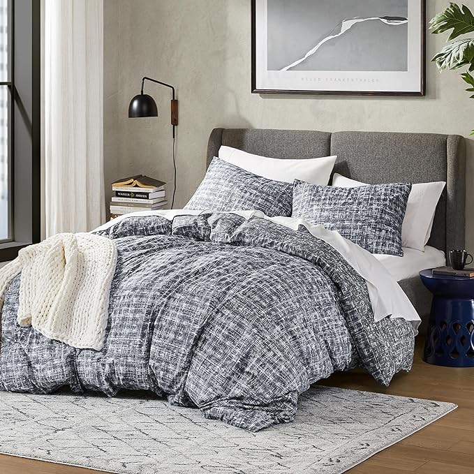 Hyde Lane Comforter King Size for Men, Grey Modern Farmhouse Aesthetic Soft Bedding Set, Masculine Plaid Lines Pattern Bed Sets for All Season, 3 Pieces includes 1 Comforter, 2 Shams (104"x 90") - LeafyLoom