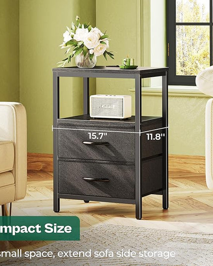 Nightstand with Charging Station, Side Table with Fabric Drawers, End Table with Open Shelf, Bedside Table with USB Ports and Outlets, Night Stand for Bedroom, Black - LeafyLoom