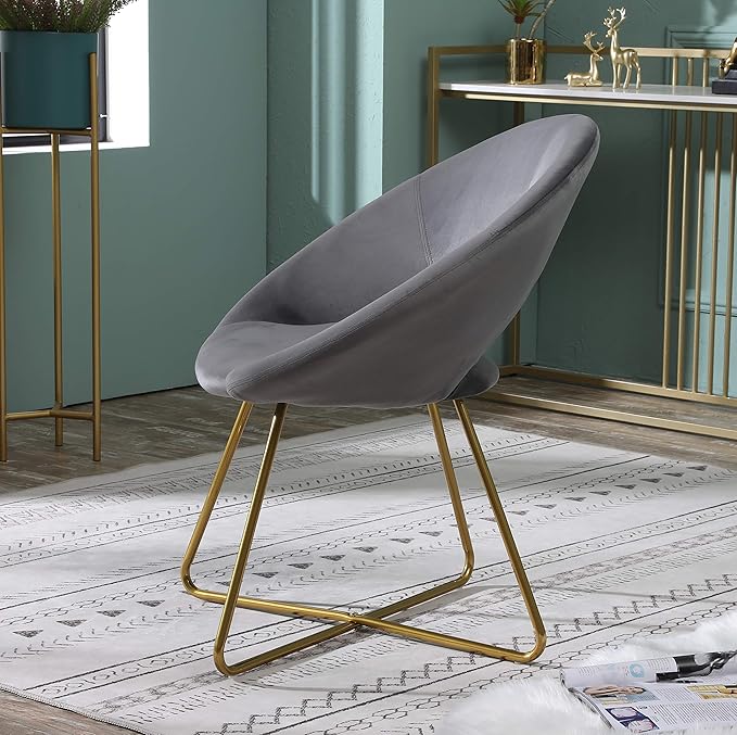 Roundhill Furniture Slatina Silky Velvet Upholstered Accent Chair with Gold Tone Finished Base, 25D x 28W x 31.5H in, Gray - LeafyLoom