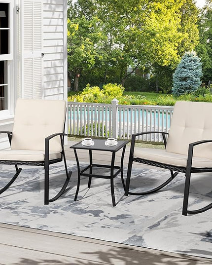 Shintenchi 3 Pieces Rocking Bistro Set Wicker Patio Outdoor Furniture, 2 Rattan Porch Chairs Conversation Sets with Glass Coffee Table (Beige) - LeafyLoom