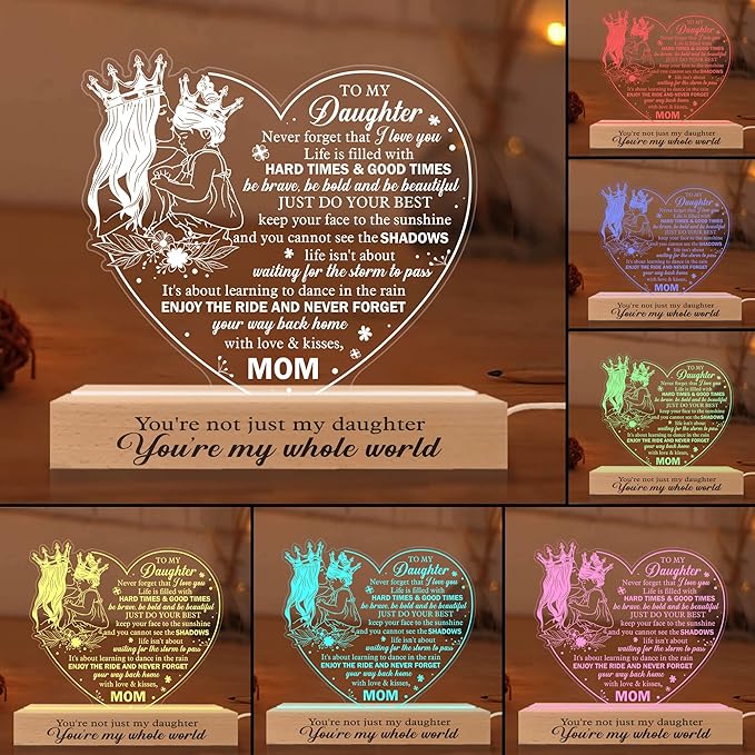 Daughter Gift from Mom, to My Daughter 3D Illusion Lamp with Wooden Base USB Powered, Birthday Gifts for Daughter from Mothers, Daughter Night Light Gifts for Wedding Graduation Christmas - LeafyLoom