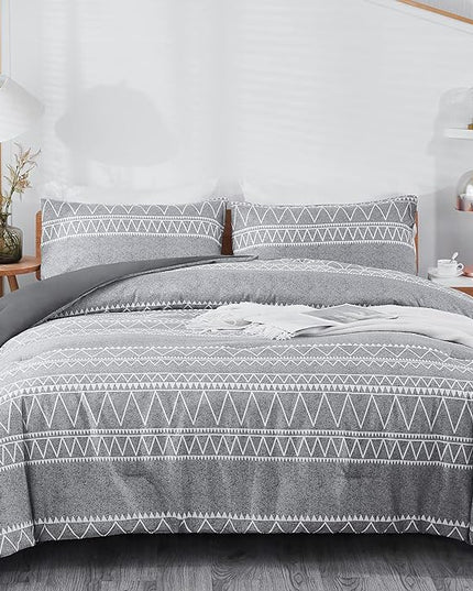Boho Grey Stirped Comforter Set Twin for Kids Adult, 2 PCS Reversible Bedding Set Gray Comforter with 1 Pillow Sham, Lightweight Breathable for All Seasons(Twin,66x90inches) - LeafyLoom