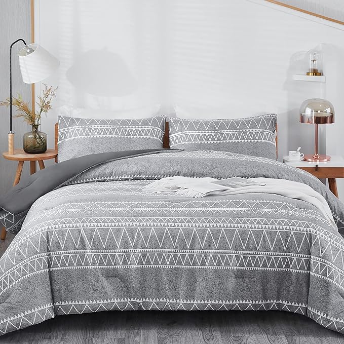 Boho Grey Stirped Comforter Set Twin for Kids Adult, 2 PCS Reversible Bedding Set Gray Comforter with 1 Pillow Sham, Lightweight Breathable for All Seasons(Twin,66x90inches) - LeafyLoom