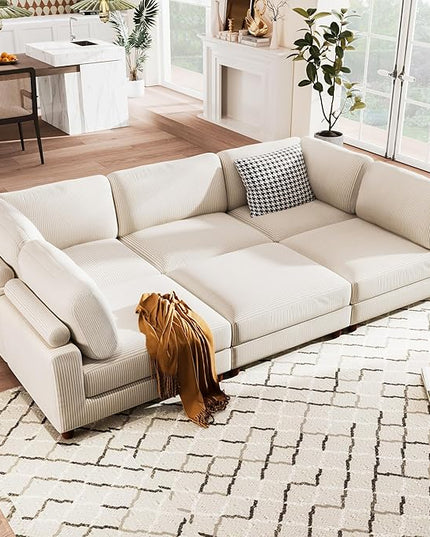 163.8" Large L Shaped Modular Sectional Sofa with Ottoman, 6-Seater Upholstered Combination Corner Couch for Living Room Office Spacious Space Furniture Sets, Beige, 163.8 Inch - LeafyLoom