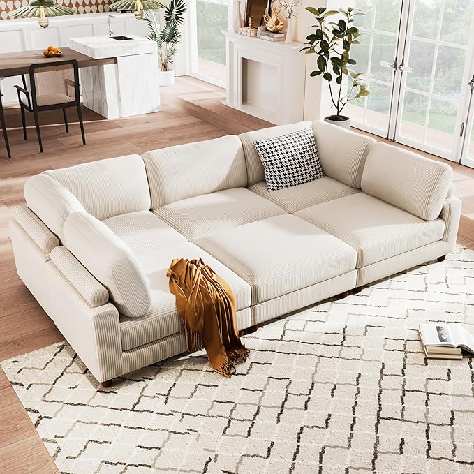 163.8" Large L Shaped Modular Sectional Sofa with Ottoman, 6-Seater Upholstered Combination Corner Couch for Living Room Office Spacious Space Furniture Sets, Beige, 163.8 Inch - LeafyLoom