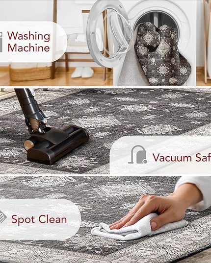 nuLOOM Mollie Machine Washable Traditional Border Ultra Thin Area Rug, 4x6, Charcoal - LeafyLoom