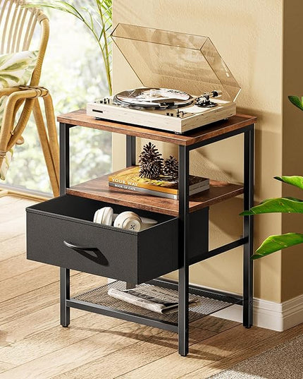 Night Stand with Fabric Drawer, Side Table with Mesh Shelf, Bedroom Nightstand, Fabric Drawer Dresser, Open Shelf, Metal Frame, Couch Side, Rustic Brown and Black - LeafyLoom