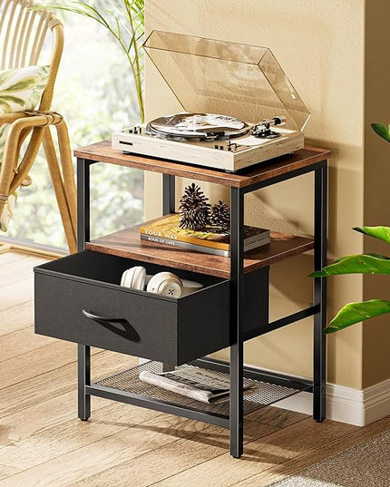 Nightstand Set of 2, Night Stand with Fabric Drawer, Mesh Shelf, Side Table with Storage, Fabric Drawer Dresser, Open Shelf, Metal Frame, Bedroom, Rustic Brown and Black - LeafyLoom