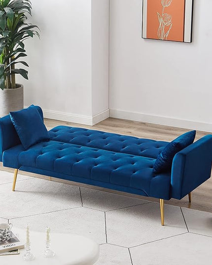 Convertible Folding Futon Sofa Bed Sleeper Lounge Couch,Small Velvet Upholstered Recliner Loveseat Daybed with Adjustable Backrest and Golden Metal Legs Space-Saving Sofabed for Living Room Office - LeafyLoom