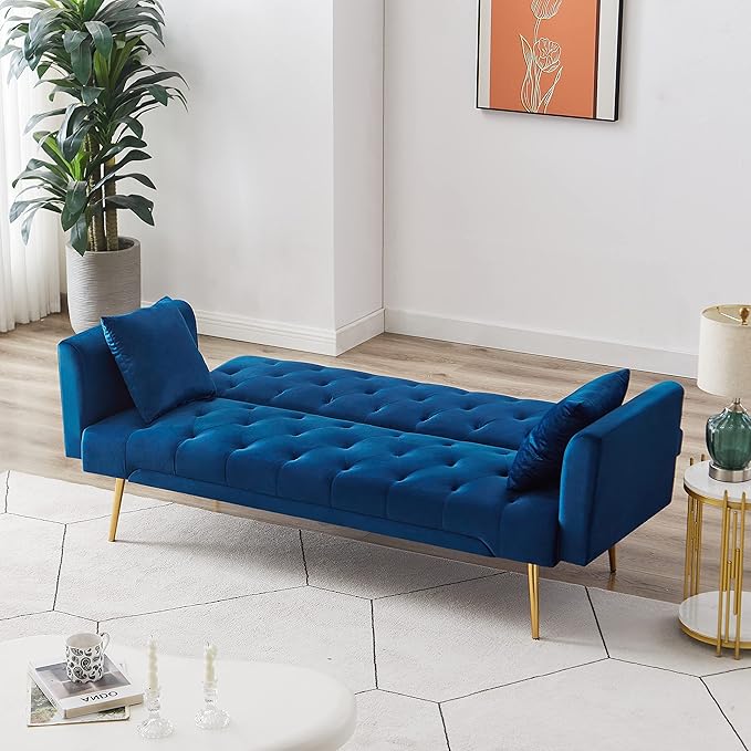 Convertible Folding Futon Sofa Bed Sleeper Lounge Couch,Small Velvet Upholstered Recliner Loveseat Daybed with Adjustable Backrest and Golden Metal Legs Space-Saving Sofabed for Living Room Office - LeafyLoom