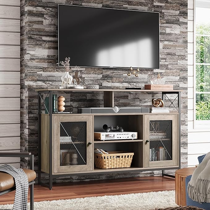 WLIVE TV Stand 55 inch TV,Tall Entertainment Center with Storage, Farmhouse Industrial TV Console for Bedroom Living Room, Greige - LeafyLoom