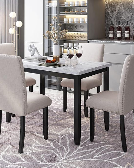 NicBex Dining Table for 4 Kitchen & Dining Room Tables Faux Marble 5-Piece Dining Set Table with 4 Thicken Cushion Dining Chairs Home Furniture, Space-Saving, White - LeafyLoom