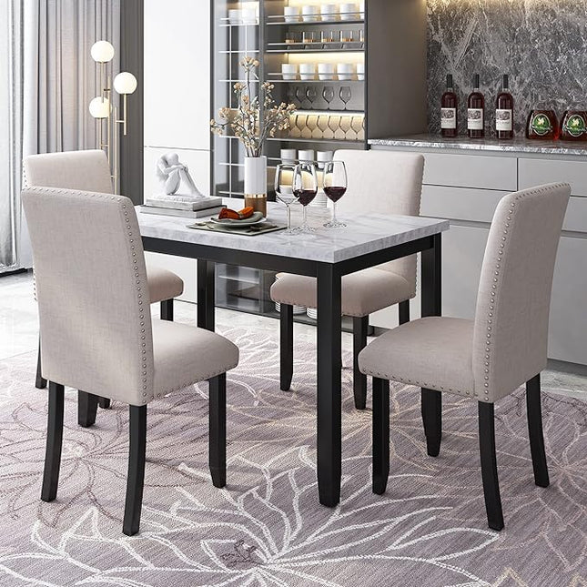 RITSU Modern Marble 5 Piece Dining Table Set with 4 Thick Upholstered Burlap Chairs W/Rivet Edge Trim, Solid Wood Frame, for Living Room, Apartment White/Beige & Black, 45.3inch - LeafyLoom