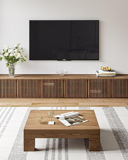 POVISON Wood TV Stand, 118” Extra-large Entertainment Center for 100 inch TV, Modern Living Room Media Console with Storage, Farmhouse Slatted Solid Ash Low Cabinets - LeafyLoom