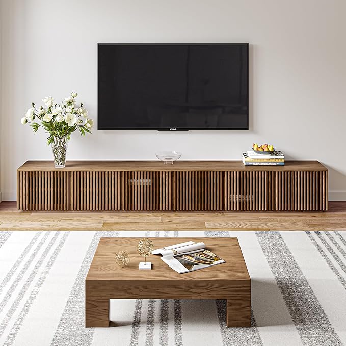 POVISON Wood TV Stand, 118” Extra-large Entertainment Center for 100 inch TV, Modern Living Room Media Console with Storage, Farmhouse Slatted Solid Ash Low Cabinets - LeafyLoom