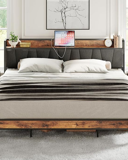 LIKIMIO King Size Bed Frame, Storage Headboard with Charging Station, Solid and Stable, Noise Free, No Box Spring Needed, Easy Assembly - LeafyLoom