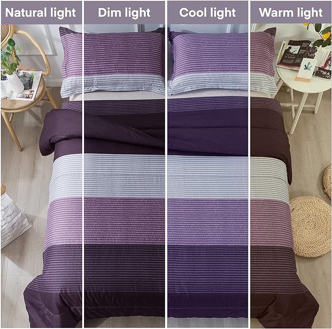 Andency Stripe Comforter Set King Size (104x90 Inch), 3 Pieces Purple and Gray Patchwork Striped Comforter, Soft Microfiber Down Alternative Comforter Bedding Set with Corner Loops - LeafyLoom
