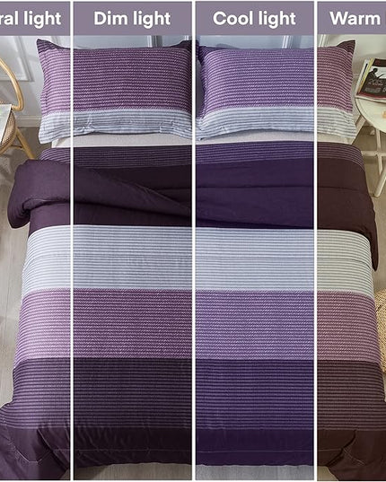 Andency Stripe Comforter Set Twin Size (66x90 Inch), 2 Pieces Purple and Gray Patchwork Striped Comforter, Soft Microfiber Down Alternative Comforter Bedding Set with Corner Loops - LeafyLoom