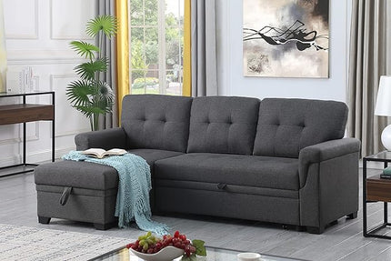 84 inch L-Shape Sectional Sleeper Couches with Chaise Storage and Pull, 3 Seater Sofa Bed w/Tufted Linen Backrest for Living Spaces Apartment Dorm, Gray, Dark Grey - LeafyLoom