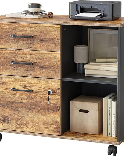 FEZIBO 3-Drawer Mobile File Cabinet, Lateral Filing Cabinet with Lock, Printer Stand with Open Storage Shelves for Home Office, Filing Cabinets for Home Office, Vintage&Black - LeafyLoom