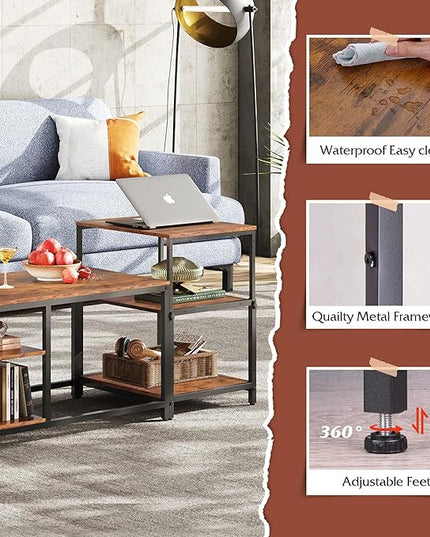 WLIVE Coffee Table for Living Room, Adjustable Coffee Table Set of 2 with End Table, Small Industrial Coffee Table with Side Table, Metal Frame and Wood Desktop, Rustic Brown - LeafyLoom