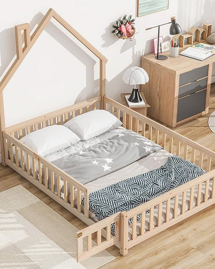 Bellemave Full Size House-Shaped Headboard Floor Bed for Kids, Montessori Floor Bed with Fence and Door,House Bed Twin Frame for Girls,Boys (Natural) - LeafyLoom