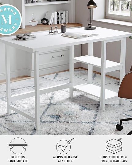Martha Stewart Beckett Modern Trestle Desk with Open Side Shelving in White Wood Grain Finish - LeafyLoom