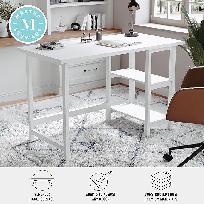 Martha Stewart Beckett Modern Trestle Desk with Open Side Shelving in White Wood Grain Finish - LeafyLoom