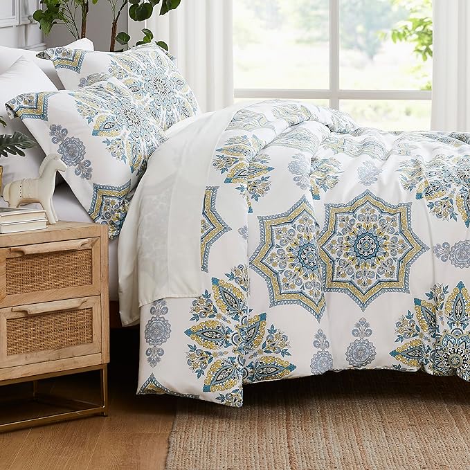 Southshore Fine Living, Inc. Oversized Twin Comforter Bedding Set, Down Alternative Boho Bedspread, Paisley Floral Print Comforter, Twin or Twin XL Comforter with Matching Sham, Aqua on White - LeafyLoom