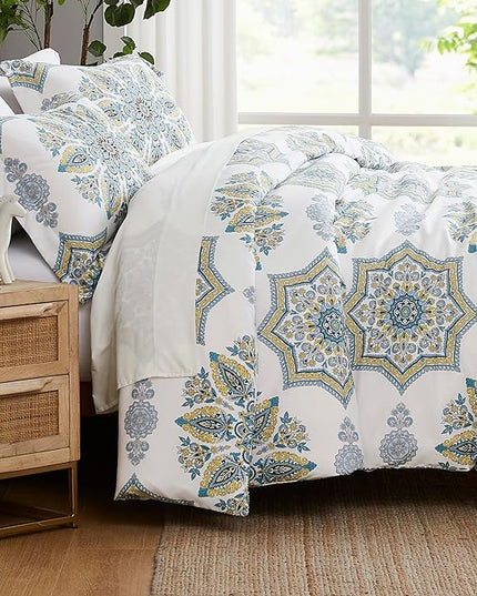 Southshore Fine Living, Inc. Oversized Full/Queen Comforter Bedding Set, Down Alternative Boho Bedspread, Paisley Floral Print Comforter, Full Size/Queen with 2 Matching Shams, Aqua on White - LeafyLoom