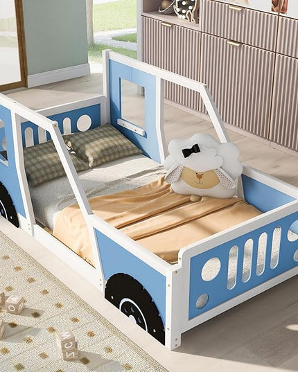 Twin Size Floor Bed for Kids, Race Car-Shaped Wooden Platform Montessori Bed Frame with Guardrail and Door for Boys Girls Child's Bedroom, Slats Included, No Spring Need (Blue) - LeafyLoom