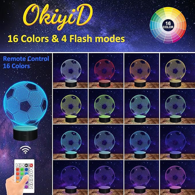 Soccer Night Light, Soccer Gift, 3D Illusion Lamp with 16 Colors Remote and Touch Control - Perfect Kids Room Decoration and Boys Birthday Sport Gift - LeafyLoom
