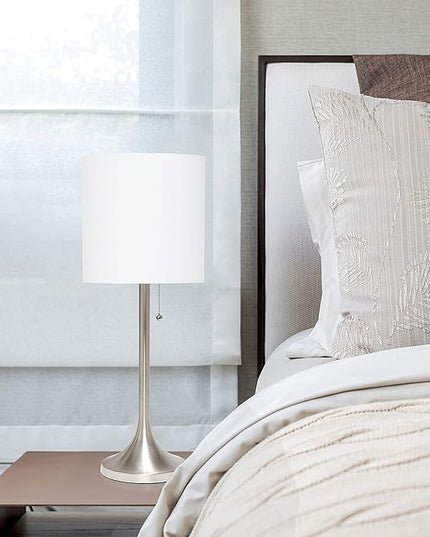 Simple Designs LT1076-BNW Tapered Fabric Drum Shade Table Lamp, Brushed Nickel and White - LeafyLoom