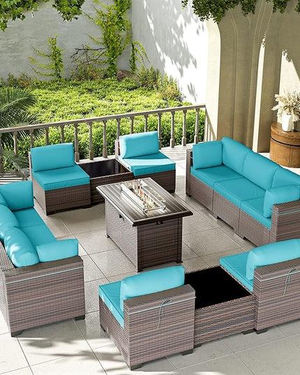 Kullavik 13PCS Outdoor Patio Furniture Set with 43" 55000BTU Gas Propane Fire Pit Table PE Wicker Rattan Sectional Sofa Patio Conversation Sets,Blue - LeafyLoom