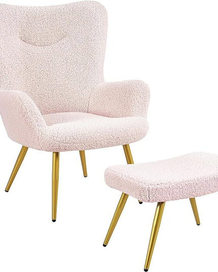 Yaheetech Accent Chair with Ottoman, Boucle Fabric Armchair Footstool, Modern and Cozy Vanity Chair with Golden Legs for Living Room, Lounge, Makeup Room, Bedroom, Pink - LeafyLoom
