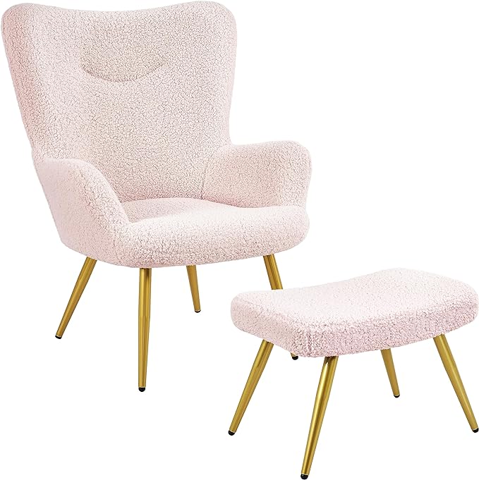 Yaheetech Accent Chair with Ottoman, Boucle Fabric Armchair Footstool, Modern and Cozy Vanity Chair with Golden Legs for Living Room, Lounge, Makeup Room, Bedroom, Pink - LeafyLoom