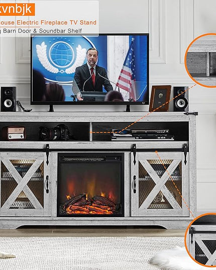 Okvnbjk Fireplace TV Stand for TVs up to 70", Entertainment Center with 18" Electric Fireplace, Farmhouse TV Stand Industrial Media Console with Sliding Barn Door for Living Room, 58 Inch, White Oak - LeafyLoom