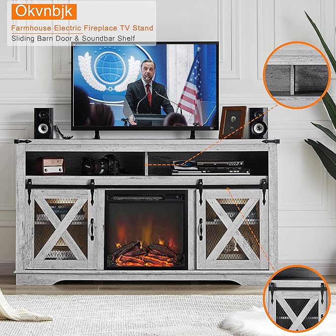 Okvnbjk Fireplace TV Stand for TVs up to 70", Entertainment Center with 18" Electric Fireplace, Farmhouse TV Stand Industrial Media Console with Sliding Barn Door for Living Room, 58 Inch, White Oak - LeafyLoom