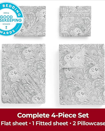 Mellanni Extra Deep California King Sheets - 4 PC Iconic Collection Bedding Sheets & Pillowcases - Luxury, Ultra Soft, Cooling Bed Sheets - Extra Deep Pocket up to 21 inch (Cal King, Paisley Gray) - LeafyLoom