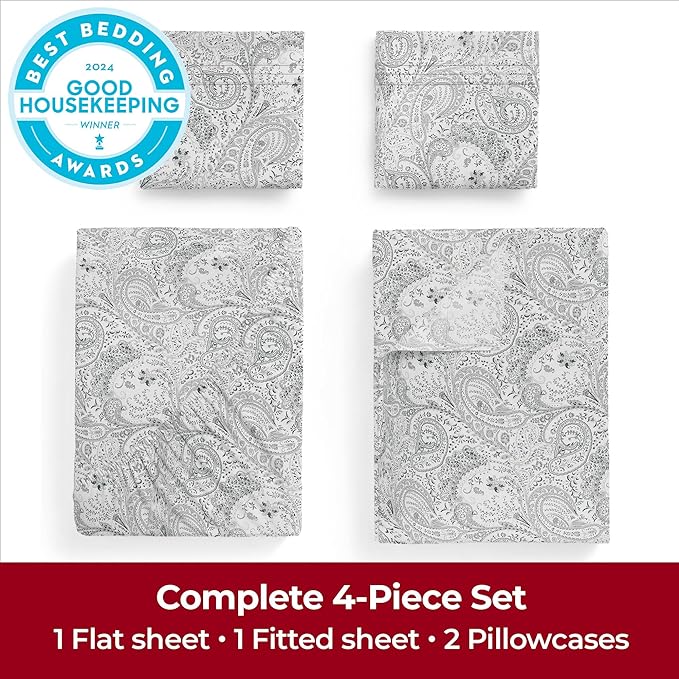 Mellanni Full Sheets Set - 4 PC Iconic Collection Bedding Sheets & Pillowcases - Hotel Luxury, Extra Soft, Cooling Bed Sheets - Deep Pocket up to 16 inch (Full, Paisley Gray) - LeafyLoom