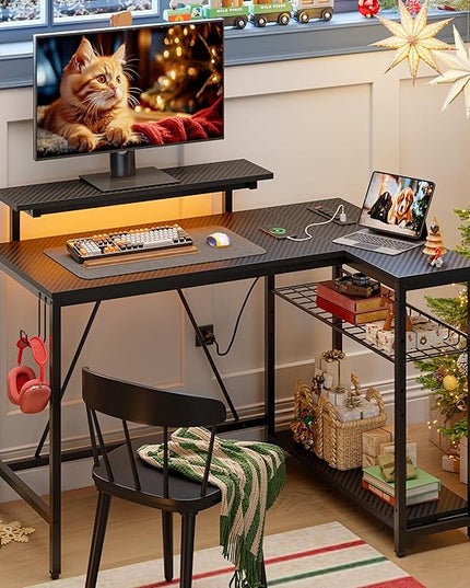 Bestier Small Gaming Desk with Power Outlets,42 L Shaped LED Computer Desk with Stand Reversible Shelves,Corner Gamer Desk with Headset Hooks USB Charging Port,Carbon Fiber Black - LeafyLoom