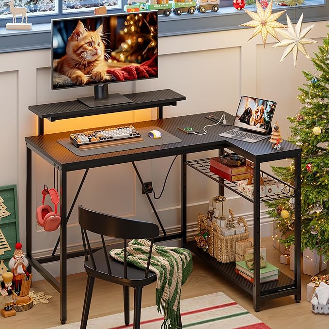 Bestier Small Gaming Desk with Power Outlets,42 L Shaped LED Computer Desk with Stand Reversible Shelves,Corner Gamer Desk with Headset Hooks USB Charging Port,Carbon Fiber Black - LeafyLoom