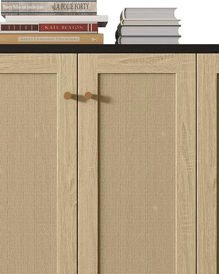 Panana Sideboard Accent Storage Cabinet with Rattan Decorated 4 Doors Dining Room Freestanding Kitchen Buffet Table Cupboard (Black) - LeafyLoom