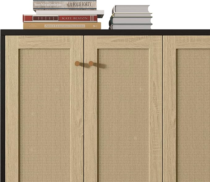 Panana Sideboard Accent Storage Cabinet with Rattan Decorated 4 Doors Dining Room Freestanding Kitchen Buffet Table Cupboard (Black) - LeafyLoom
